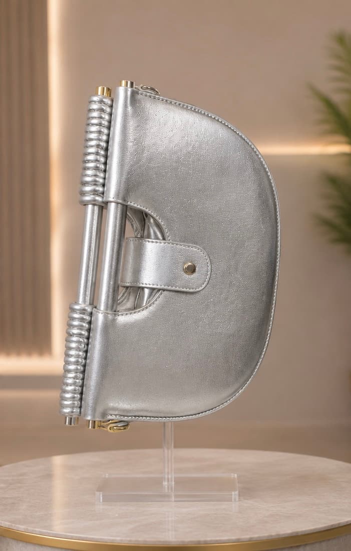 SILVER SCULPTED HALF-MOON CLUTCH BAG thumbnail 2