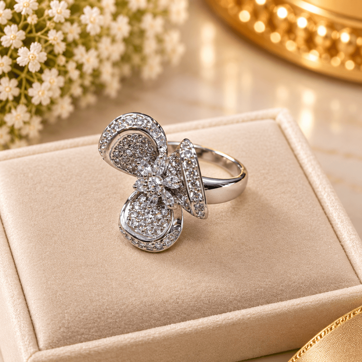 SILVER FLORAL CRYSTAL RING