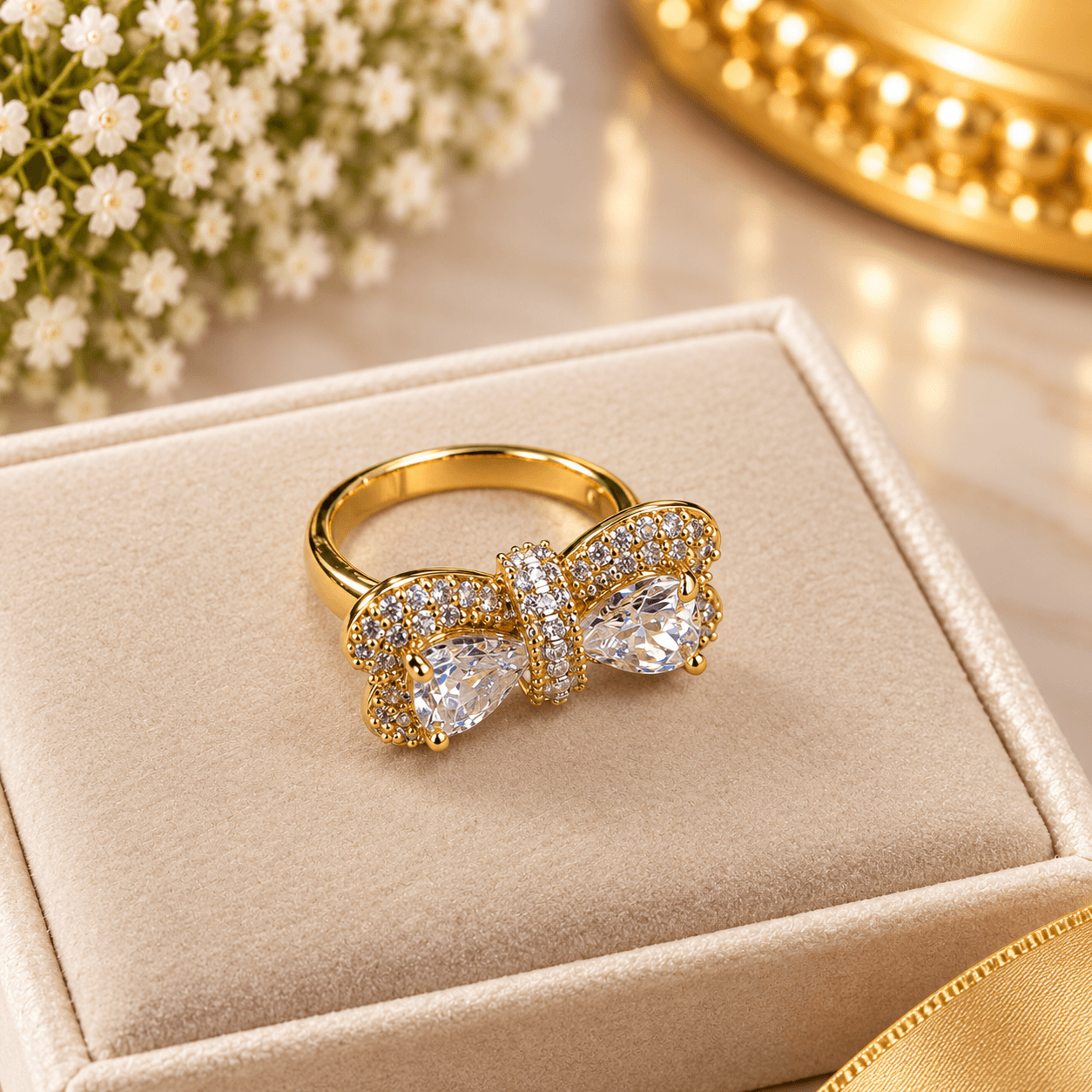 GOLD CRYSTAL BOW RING