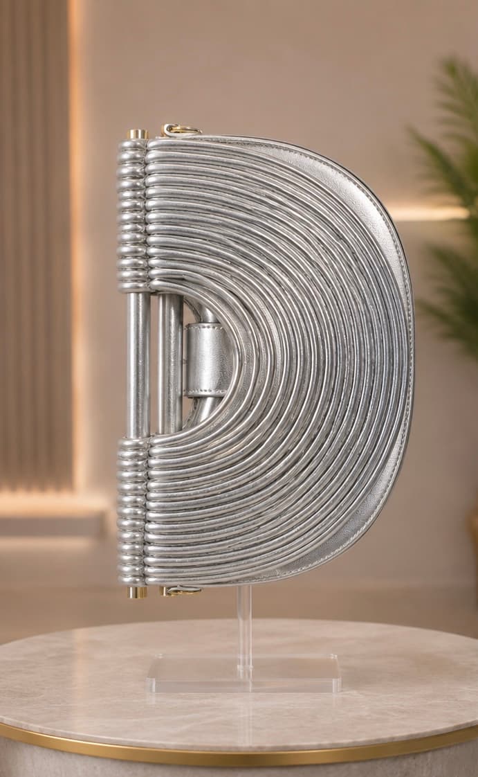 SILVER SCULPTED HALF-MOON CLUTCH BAG